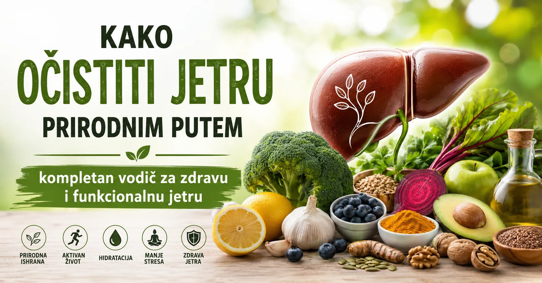 Kako očistiti jetru prirodnim putem – ilustracija zdrave jetre sa cveklom, brokolijem, limunom, belim lukom, kurkumom, avokadom i drugim namirnicama koje podržavaju zdravlje jetre